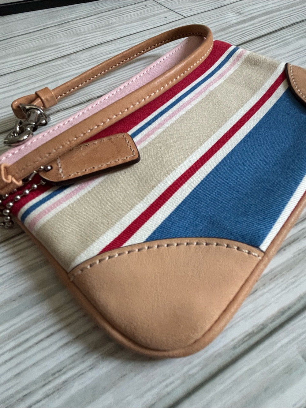 Coach Pink Red Blue Striped Canvas Wristlet - Picture 4 of 6